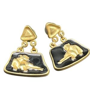 Vtg Gold Tone Blk Enamel Panther Drop Earrings Jackie Collins Art Deco‎ revival